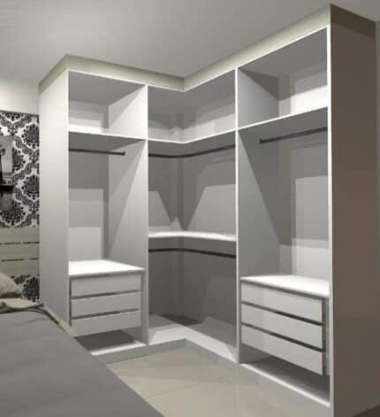 Modern white corner closet with open shelving, drawers, and hanging rods.