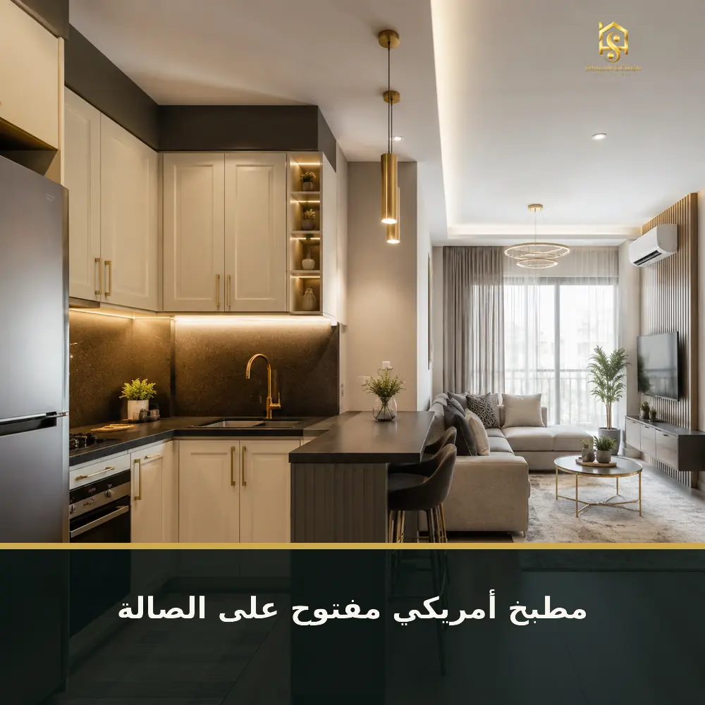 مطبخ أمريكي مفتوح على الصالة الصغيرة بتصميم عملي